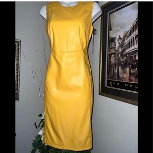 CALVIN KLEIN NWT Vegan Faux Leather Lined Sheath Dress Bodycon Mustard
